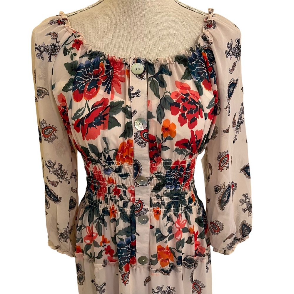 Fig & Flower Floral Block Print Vero Off the Shoulder Smocked Waist Maxi Dress - Picture 3 of 15